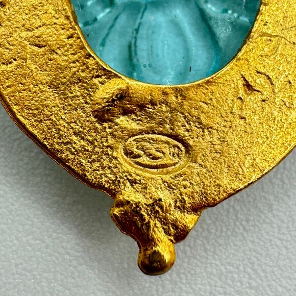 Susan Shaw Venetian Glass Bee Earrings In Aqua 24K Gold Plated Etruscan Style - Picture 8 of 13